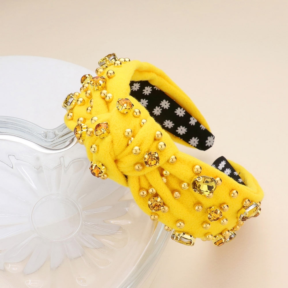 Yellow Oval Crystal Ball Knot Headband Hair Bling Jewel Statement Accessory